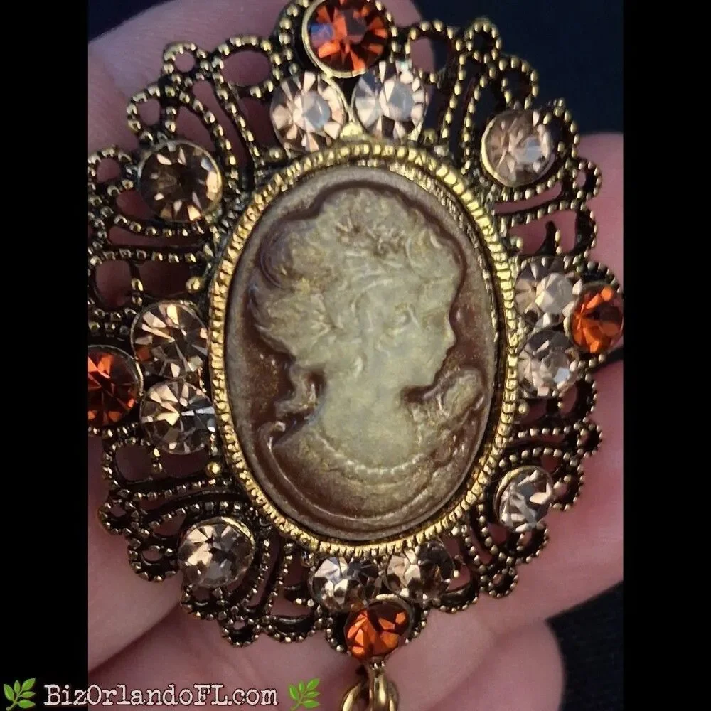 Modern Victorian Revival Cameo Brooch Gold Tone Amber Rhinestone Dangle Pin